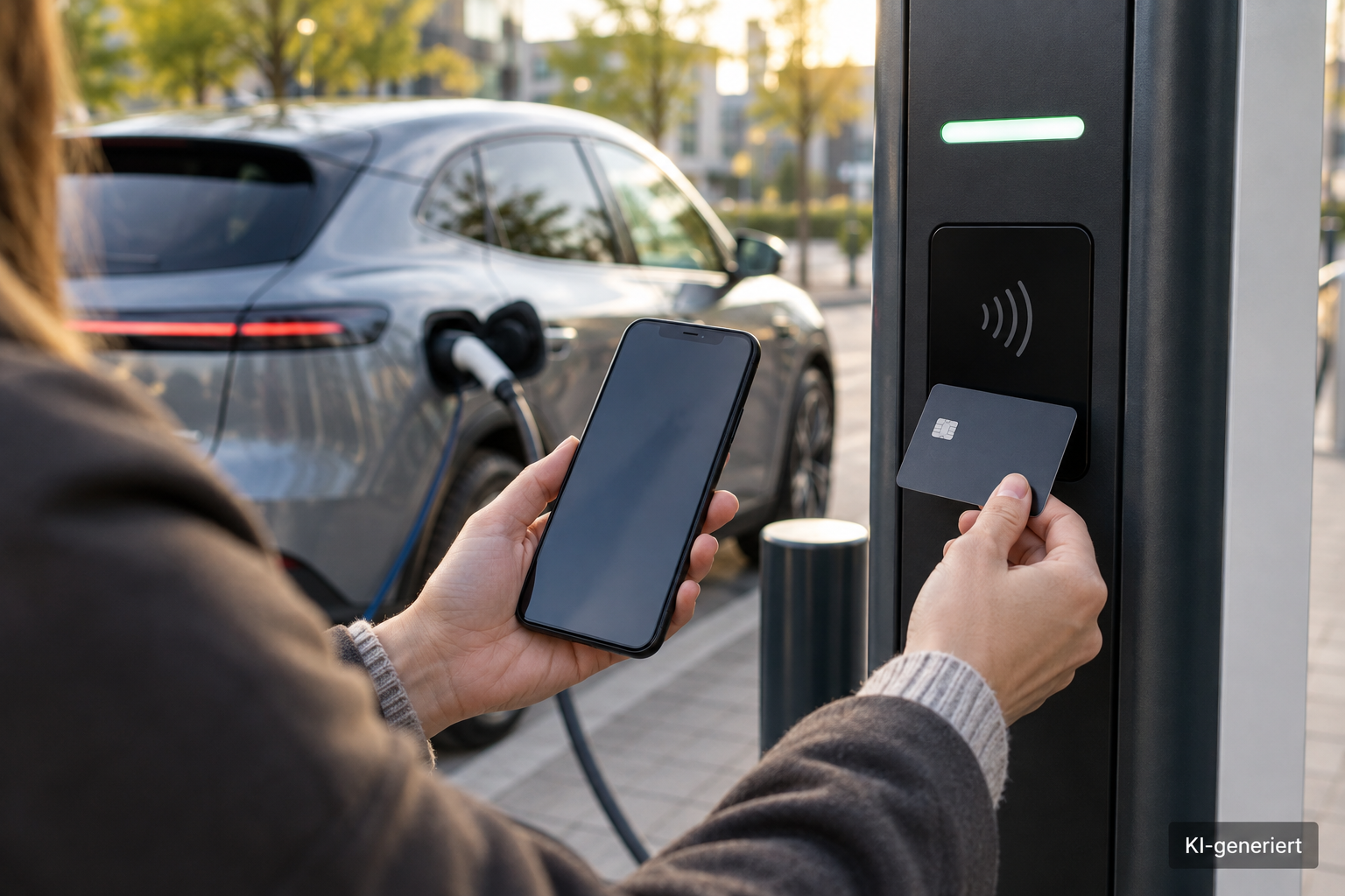 Smartphone und kontaktlose Karte werden an einer öffentlichen Ladesäule als Bezahlwege bereitgehalten