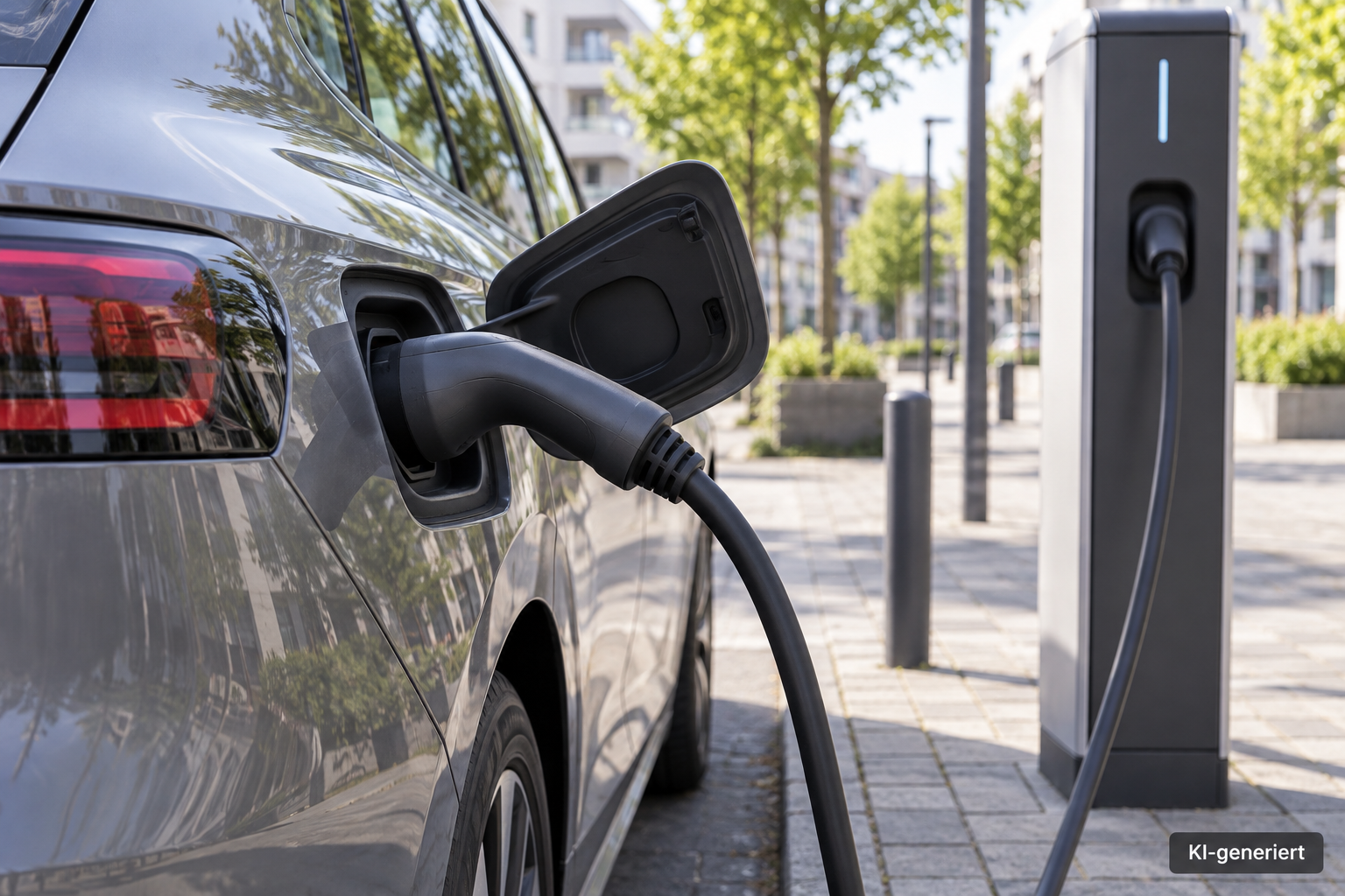 Ladekabel ist korrekt mit einem Elektroauto an einer öffentlichen Ladesäule verbunden