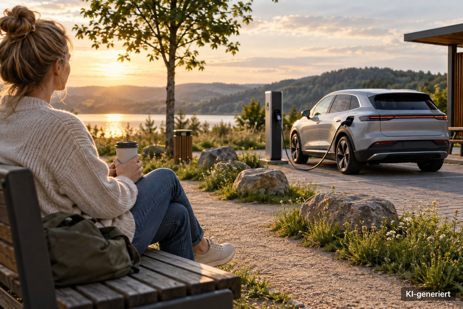Fahrerin nutzt die Ladepause mit einem Kaffee auf einer Bank, während das Elektroauto lädt
