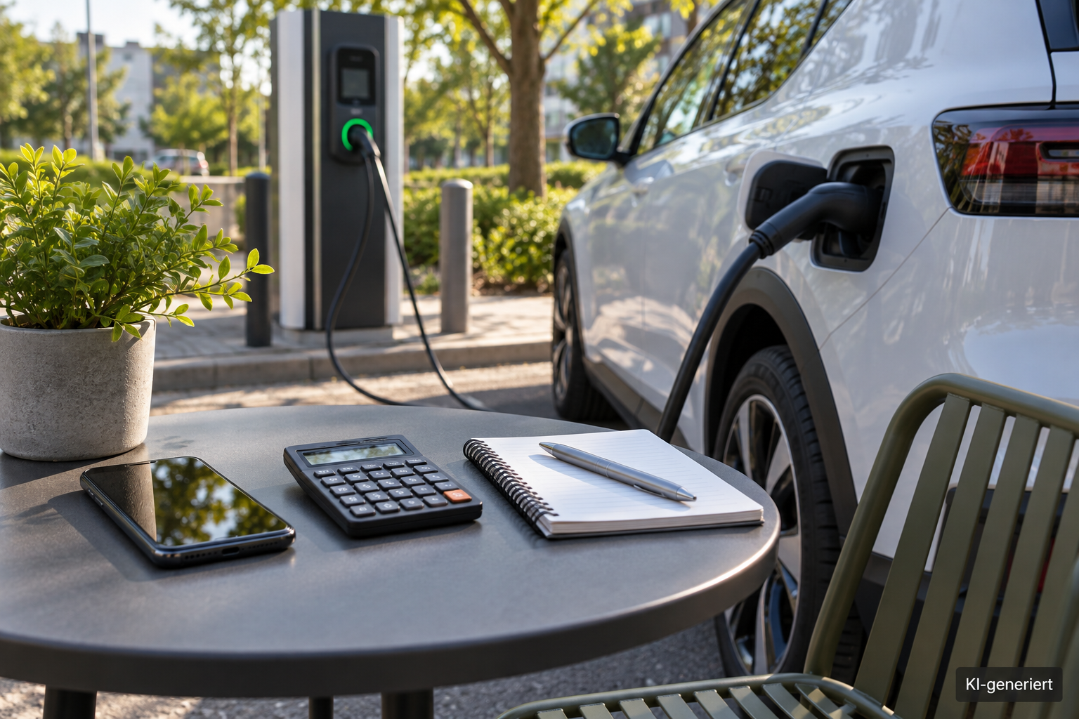 Taschenrechner und Notizbuch liegen beim Preisvergleich neben einem öffentlich ladenden Elektroauto
